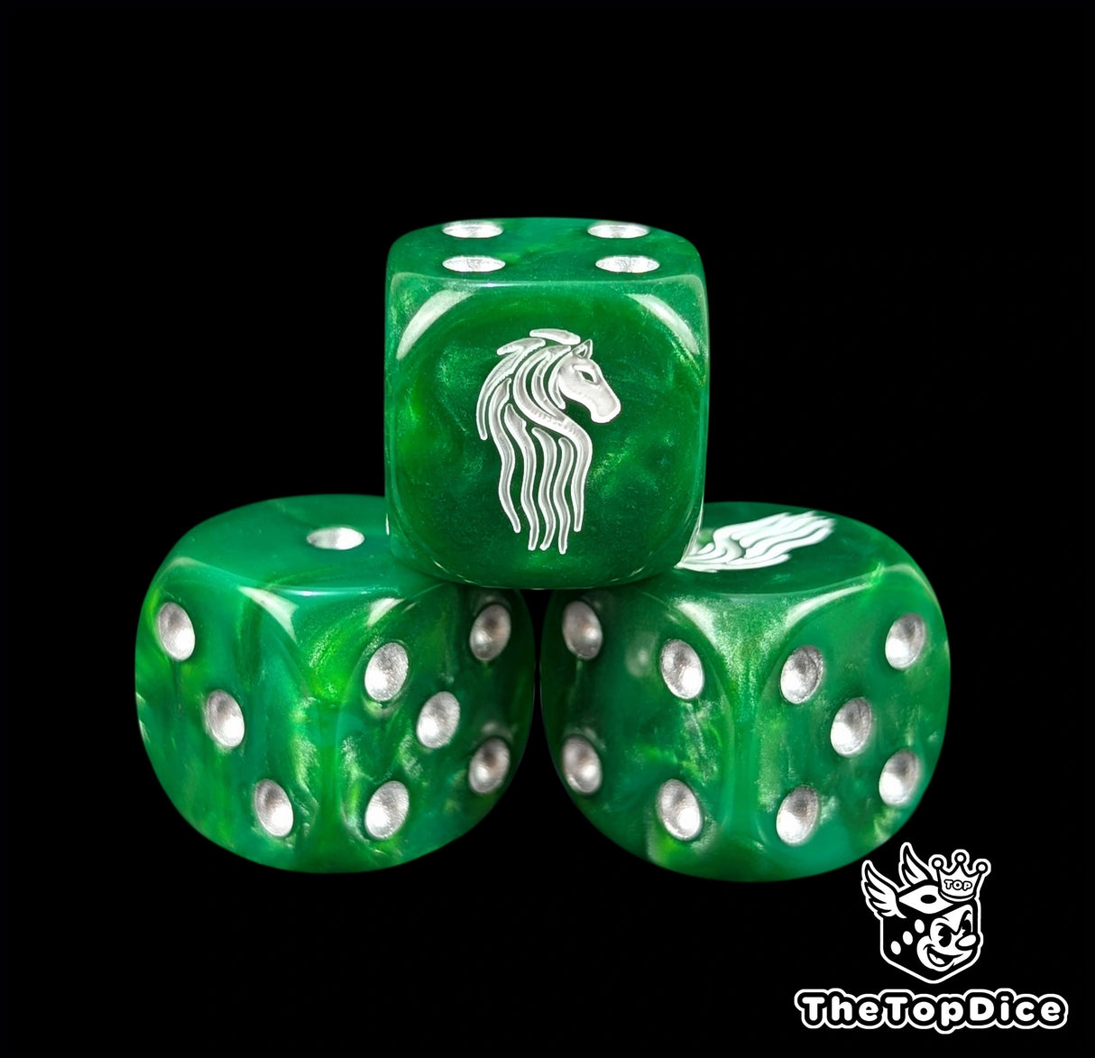 Close up of a green 16mm resin D6 die engraved with a white horse and silver pips