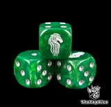 Close up of a green 16mm resin D6 die engraved with a white horse and silver pips