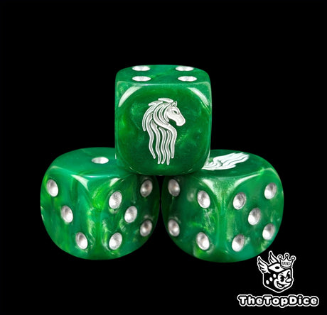 Close up of a green 16mm resin D6 die engraved with a white horse and silver pips