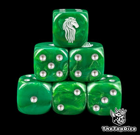 Green 16mm D6 dice with a white horse emblem and silver pips for epic fantasy wargames