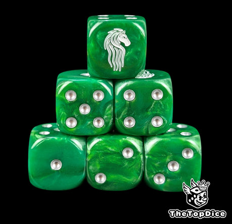 Green 16mm D6 dice with a white horse emblem and silver pips for epic fantasy wargames