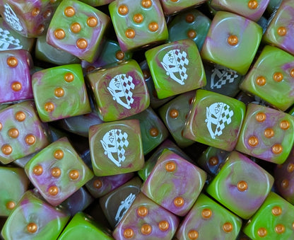Pile of green and purple jester mask 16mm D6 dice for a sci-fi space elf troupe