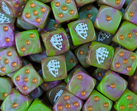 Pile of green and purple jester mask 16mm D6 dice for a sci-fi space elf troupe