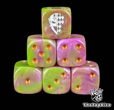 Green and purple 16mm D6 dice with a white jester mask emblem and gold pips for sci-fi wargaming