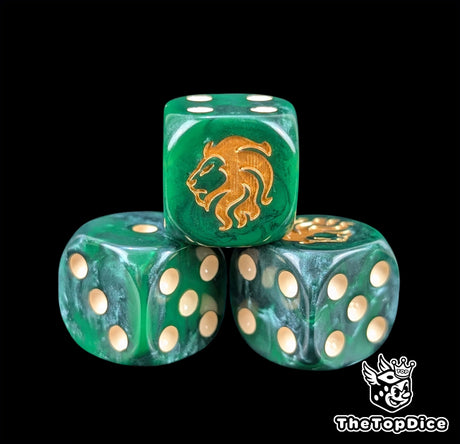 Close up of a dark green 16mm resin D6 die engraved with a gold lion head and beige pips