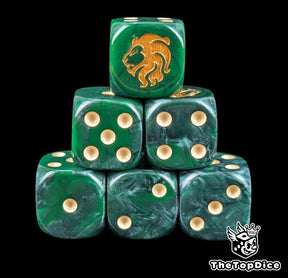 Dark green 16mm D6 dice with a gold lion head emblem and beige pips for sci-fi wargaming
