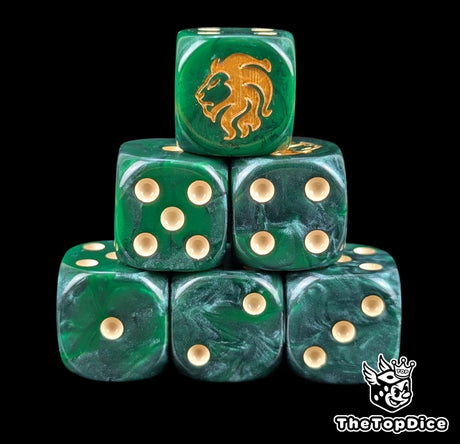 Dark green 16mm D6 dice with a gold lion head emblem and beige pips for sci-fi wargaming