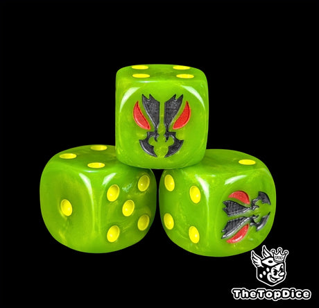 Close up of a green 16mm resin D6 die engraved with a black mantis head with red eyes and yellow pips