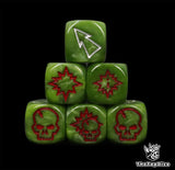 Close up of three green 16mm block dice with silver pips for resolving blocks