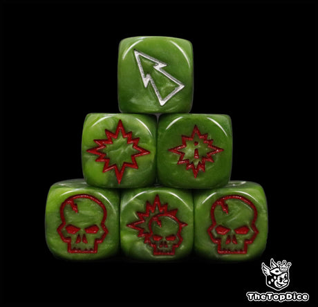 Close up of three green 16mm block dice with silver pips for resolving blocks