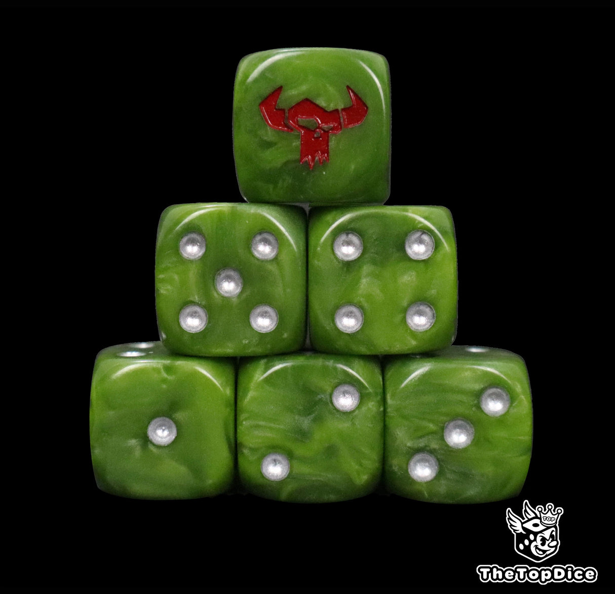 Close up of two green D6 with a red orc skull logo on the six face for fantasy football