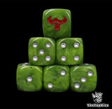 Close up of two green D6 with a red orc skull logo on the six face for fantasy football