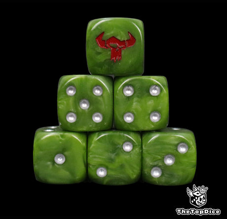 Close up of two green D6 with a red orc skull logo on the six face for fantasy football