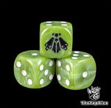 Close up of a rotten green 16mm resin D6 die engraved with a black plague fly and white pips