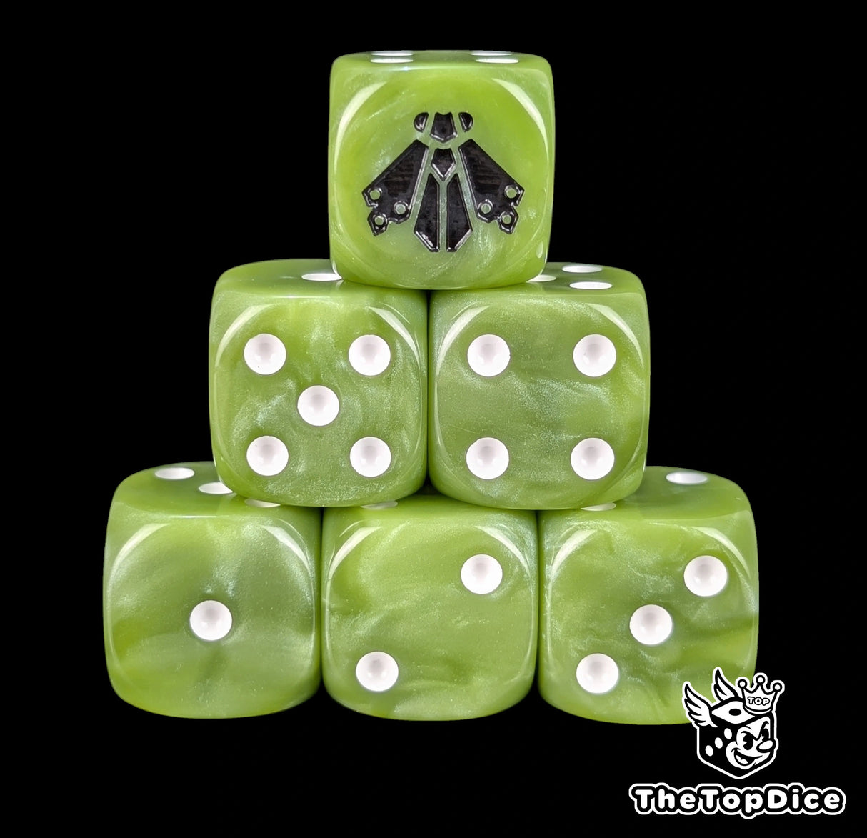 Rotten green 16mm D6 dice with a black plague fly emblem and white pips for sci-fi wargaming
