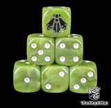 Rotten green 16mm D6 dice with a black plague fly emblem and white pips for sci-fi wargaming