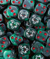 Pile of green rat face 16mm D6 dice for a fantasy ratmen horde