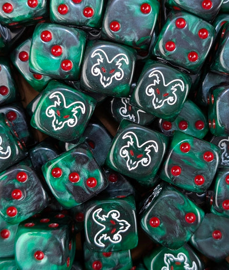 Pile of green rat face 16mm D6 dice for a fantasy ratmen horde