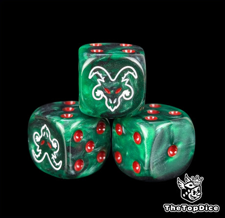 Close up of a green and black 16mm resin D6 die engraved with a white rat face and red pips
