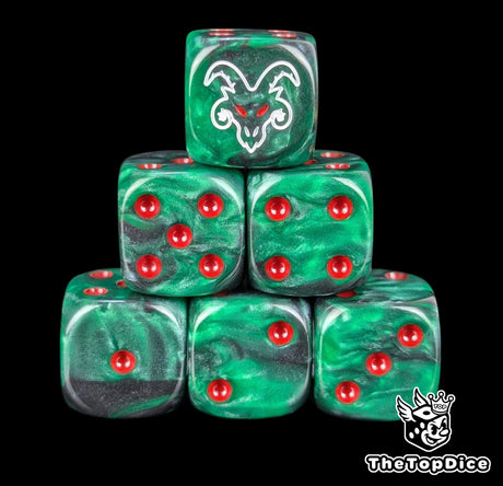 Green and black 16mm D6 dice with a white rat face emblem and red pips for fantasy wargaming