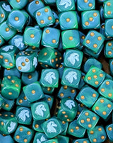Pile of green rider horse 16mm D6 dice for a fantasy cavalry miniature army