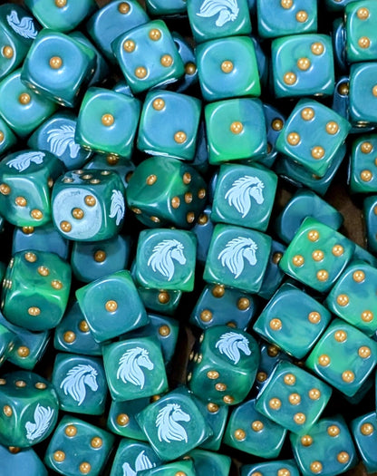 Pile of green rider horse 16mm D6 dice for a fantasy cavalry miniature army