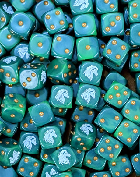 Pile of green rider horse 16mm D6 dice for a fantasy cavalry miniature army