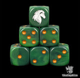 Green 16mm D6 dice with a white horse emblem and green pips for epic fantasy wargames