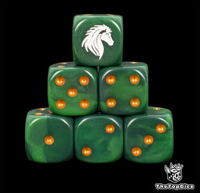Green 16mm D6 dice with a white horse emblem and green pips for epic fantasy wargames