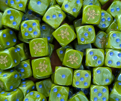 Pile of rot green 16mm D6 dice for a sci-fi plague army