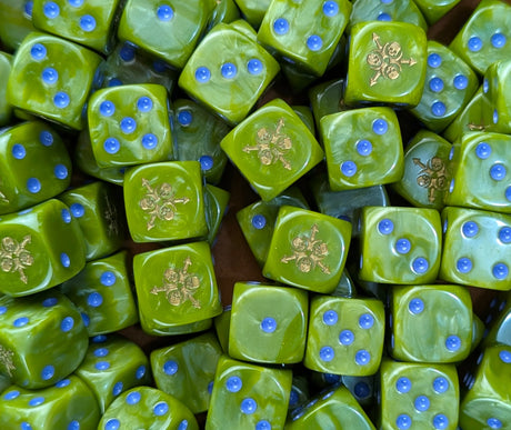 Pile of rot green 16mm D6 dice for a sci-fi plague army