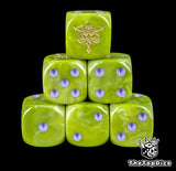 Rot green 16mm D6 dice with a gold three skull star emblem and purple pips for sci-fi wargaming