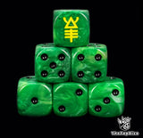 Green 16mm D6 dice with a yellow scorpion emblem and black pips for sci-fi wargaming