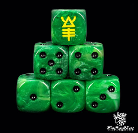Green 16mm D6 dice with a yellow scorpion emblem and black pips for sci-fi wargaming