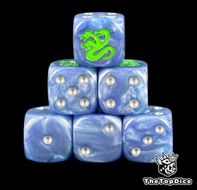 Six pale blue Alpha Legion D6 stacked, silver pips, a green hydra