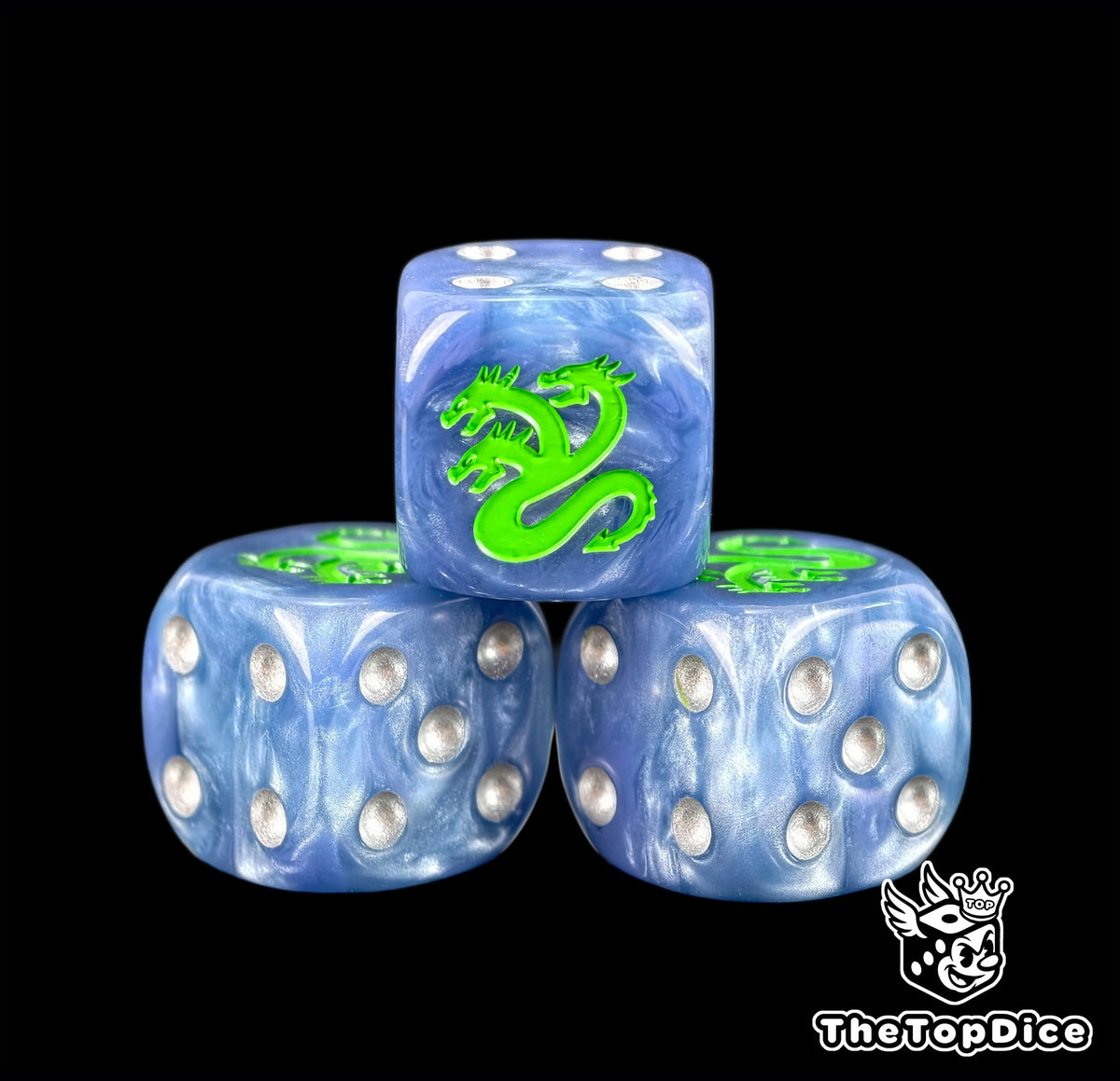 Three blue legion dice with a green three headed hydra coiled up