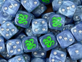 A pile of blue Alpha Legion D6 with silver pips and green hydras