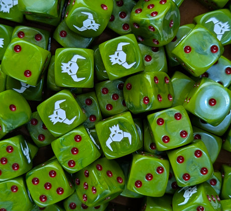 Pile of green orc skull 16mm D6 dice for a fantasy greenskin horde