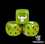 Close up of a green 16mm resin D6 die engraved with a white orc skull and red pips