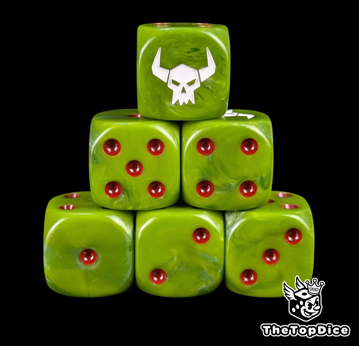 Green 16mm D6 dice with a white orc skull emblem and red pips for fantasy wargaming