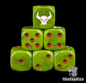 Green 16mm D6 dice with a white orc skull emblem and red pips for fantasy wargaming