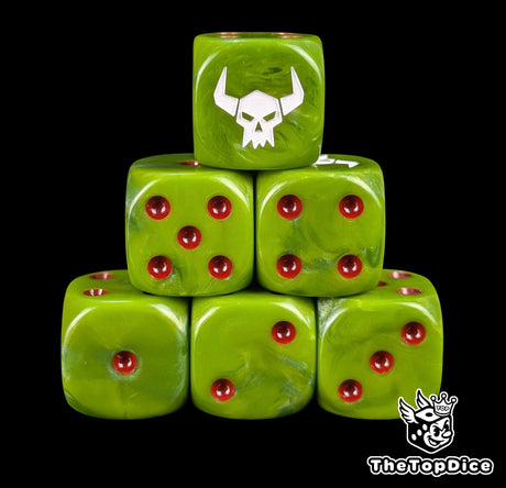 Green 16mm D6 dice with a white orc skull emblem and red pips for fantasy wargaming