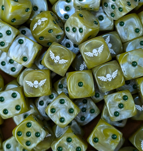 Pile of military green skull 16mm D6 dice for a sci-fi guard army