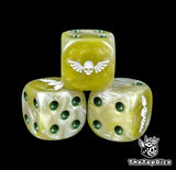Close up of a military green 16mm resin D6 die engraved with a white winged skull and green pips