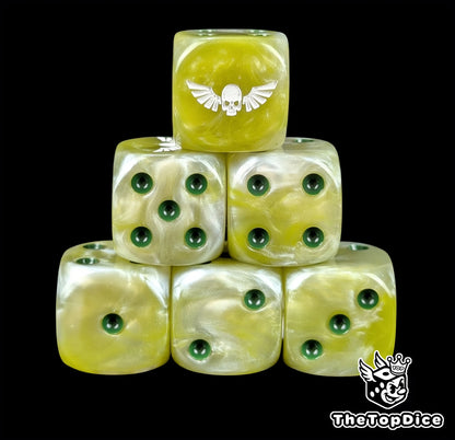 Military green 16mm D6 dice with a white winged skull emblem and green pips for sci-fi wargaming