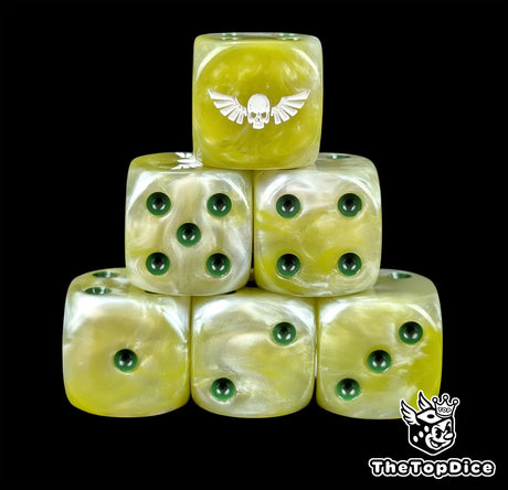 Military green 16mm D6 dice with a white winged skull emblem and green pips for sci-fi wargaming