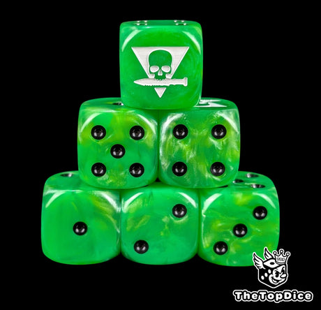 Green 16mm D6 dice with a white squad sigil emblem and black pips for sci-fi wargaming