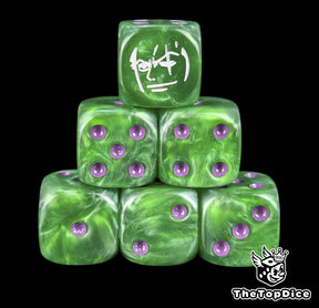 Green 16mm D6 counter dice with a white swordsman emblem and purple pips for anime pirate TCG