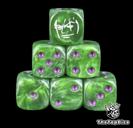 Green 16mm D6 counter dice with a white swordsman emblem and purple pips for anime pirate TCG