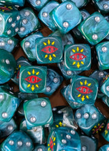 Pile of green traitor eye 16mm D6 dice for a sci-fi chaos army